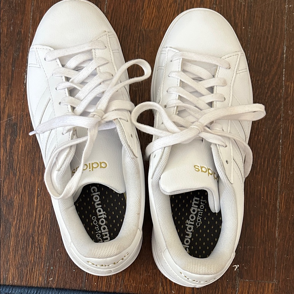 Adidas Cloudfoam White Sneakers with Gold Accents